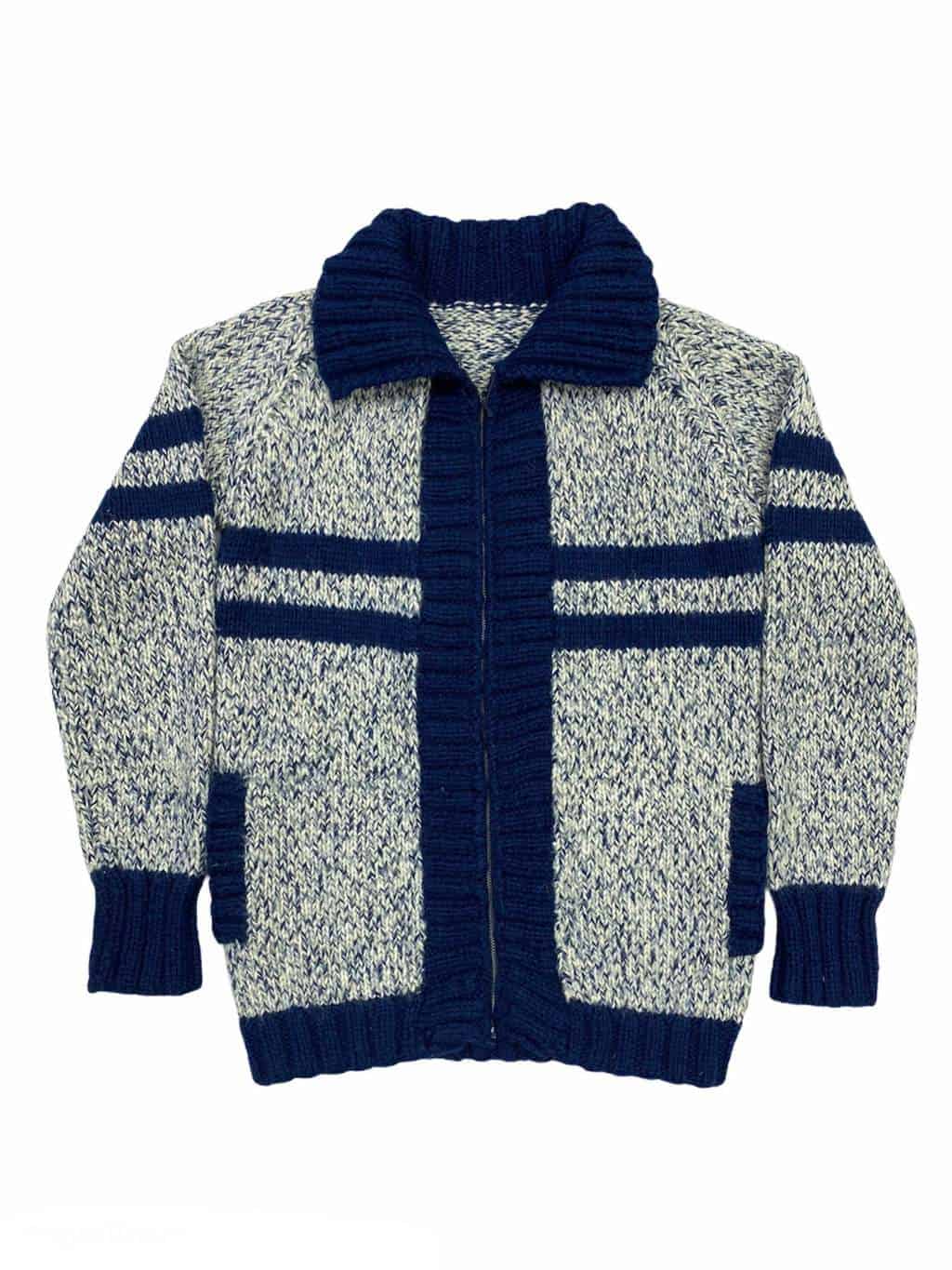 60s Vintage Cardigan Zip Up Front Hand Knitted Navy Blue & White - M