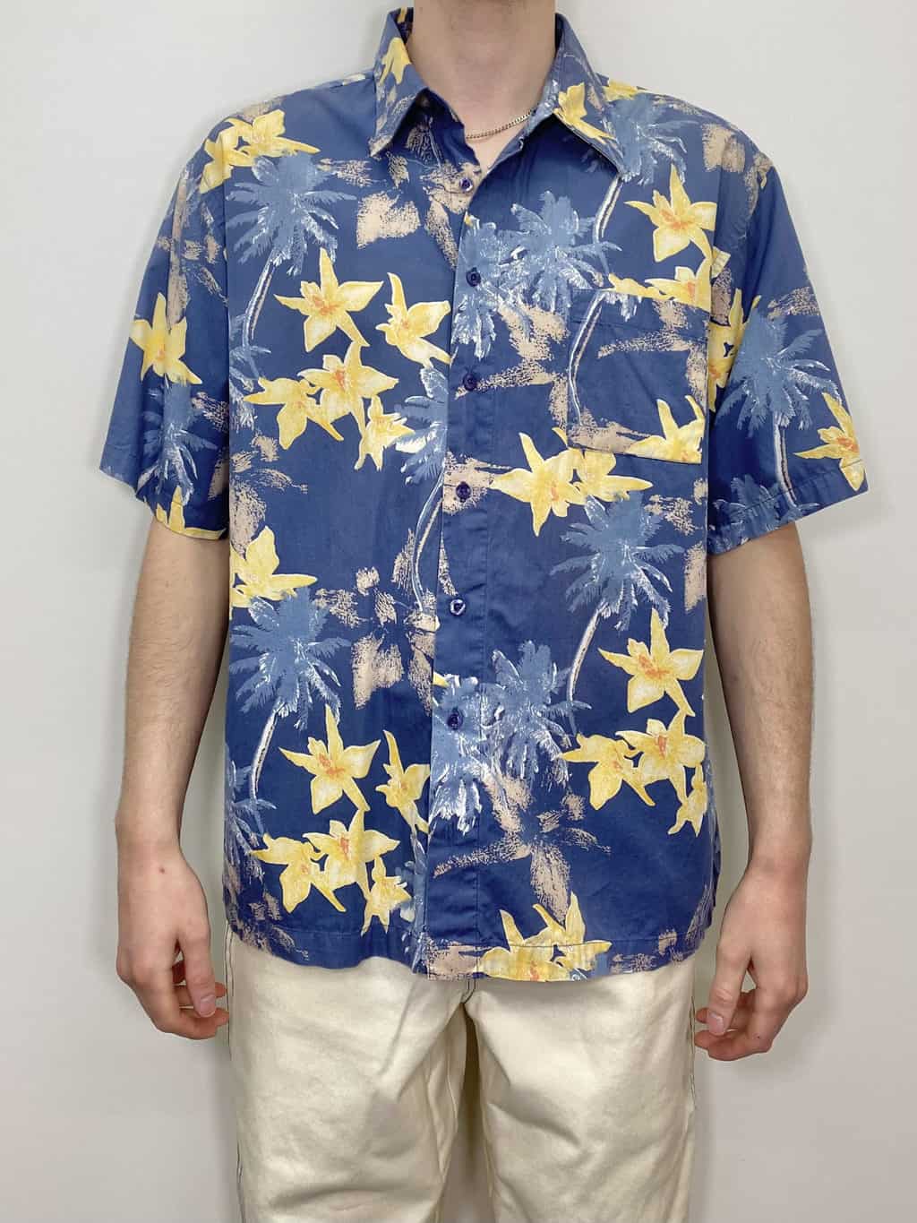 Vintage Hawaiian shirt with palm trees and bright yellow floral ...