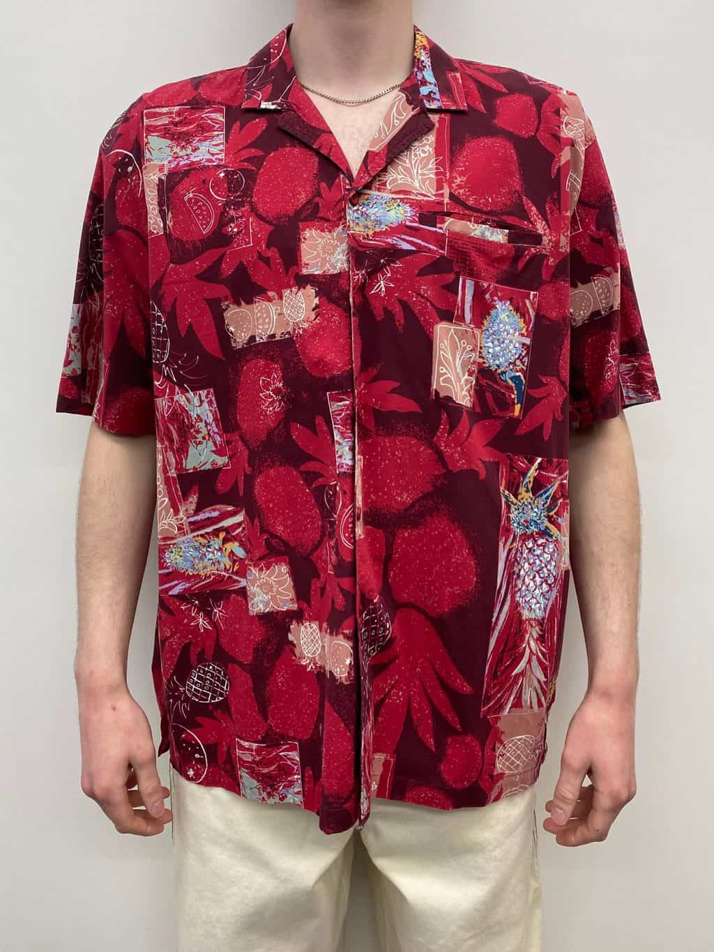 Mens vintage abstract Hawaiian shirt in red with fruit and floral ...