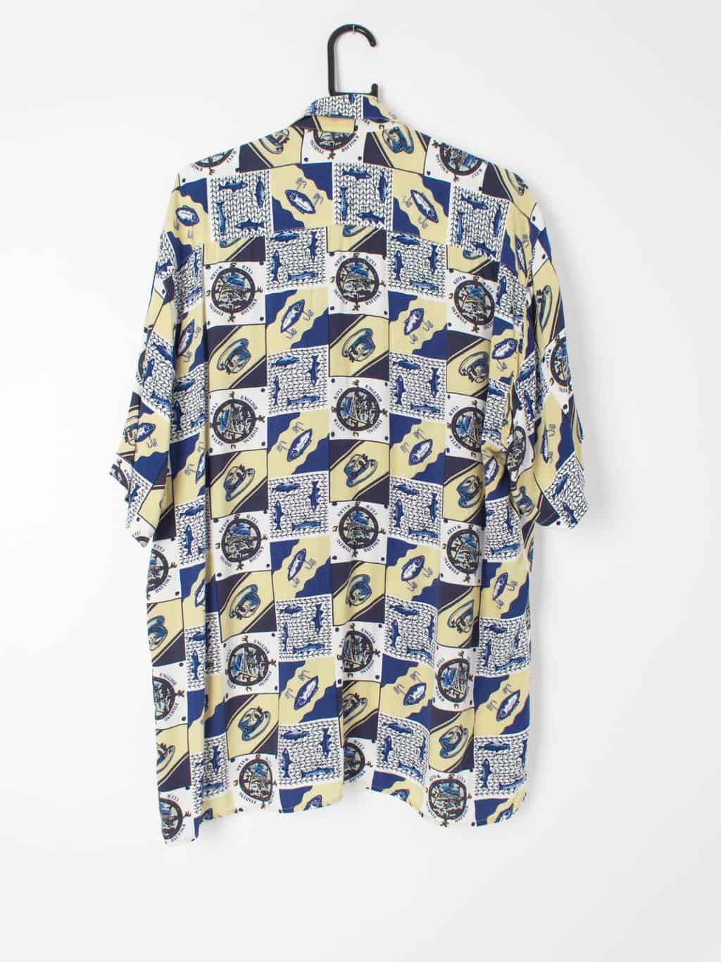 Vintage Mens Patterned Shirt Fishing Lure Tackle Hat Fish Motifs Blue Beige - Large