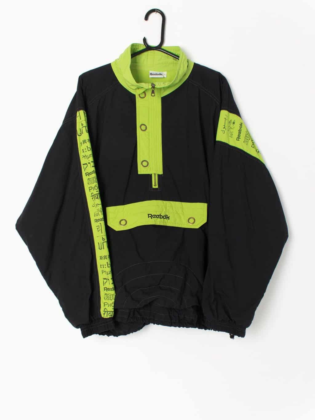 Vintage 90s Reebok track jacket windbreaker in black and bold lime green  XL St Cyr Vintage