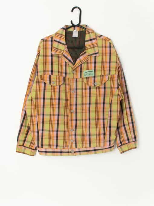 Vintage 90s Oxbow Jean Jacket Yellow Denim With Pink And Orange Plaid Print Large Xl