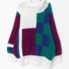 80s Oversized Hand Knitted Jumper In White Green And Plum Xl 2xl