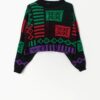 80s Vintage Cropped Jumper With Bright Abstract Design Made In England Medium
