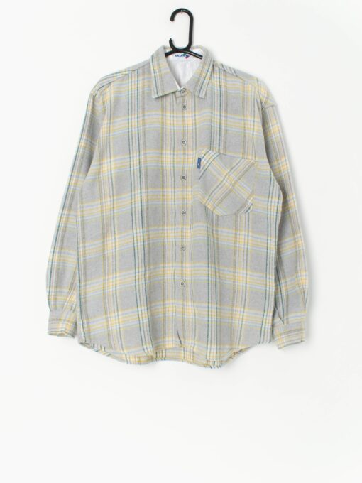 Vintage fleece plaid flannel shirt in yellow, green and soft grey - Medium