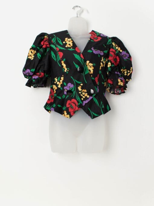 1980s vintage puff sleeve blouse with bold floral pattern - Medium