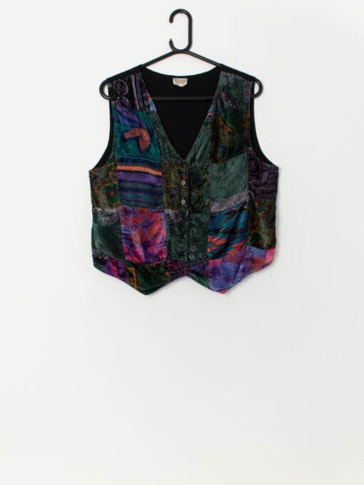 Vintage colourful crushed velvet patchwork vest waistcoat - Medium / Large