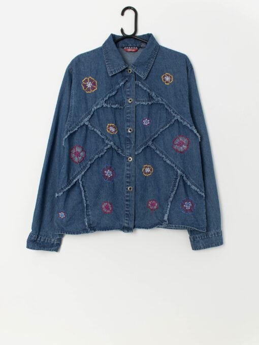 Vintage embroidered denim boxy shirt / jacket with embroidered florals - XL