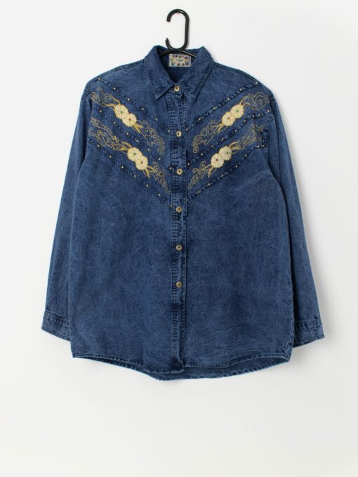 Vintage 80s studded acid wash denim shirt with gold floral embroidery - Large / XL