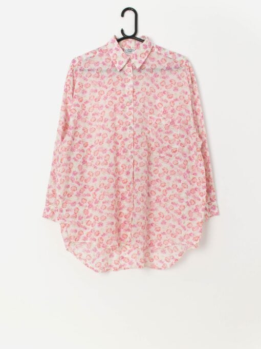 Vintage Laura Ashley pink floral semi sheer blouse with real shell buttons - Medium / Large