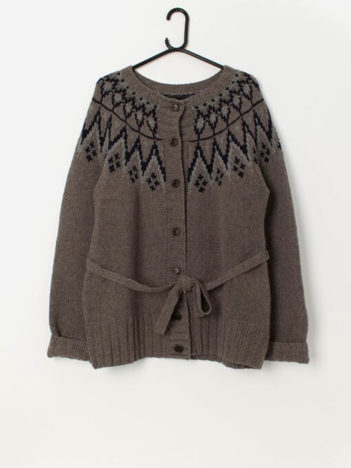 Chunky belted cardigan with patterned yoke - Medium