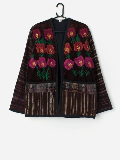 Vintage handmade embroidered floral jacket in brown.