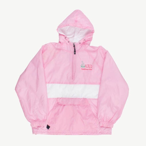 Pink quarter zip rain jacket with hood and kangaroo pocket