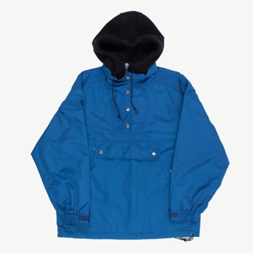 Blue mens pullover quarter zip windbreaker, vintage hooded rain jacket