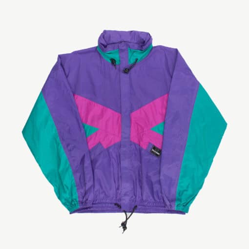 Bright colour block rain jacket, purple mens windbreaker on a white background