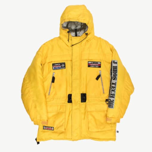 Mens bright yellow padded winter jacket on a white background