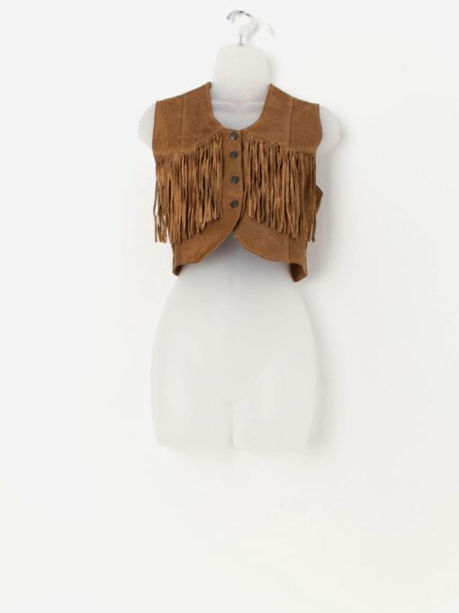 90s vintage fringed cropped suede waistcoat in tan - Medium