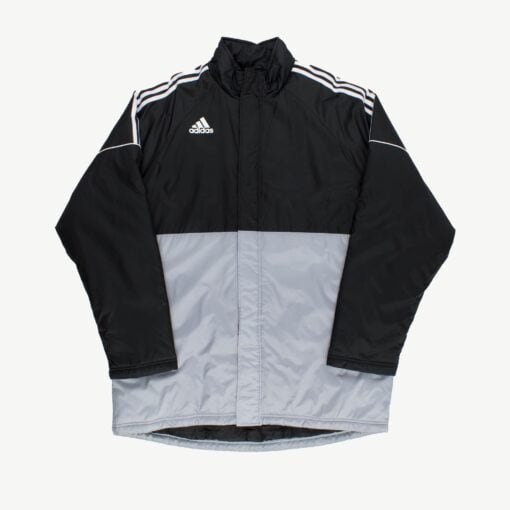 Mens Adidas padded jacket in black and silver on a white background