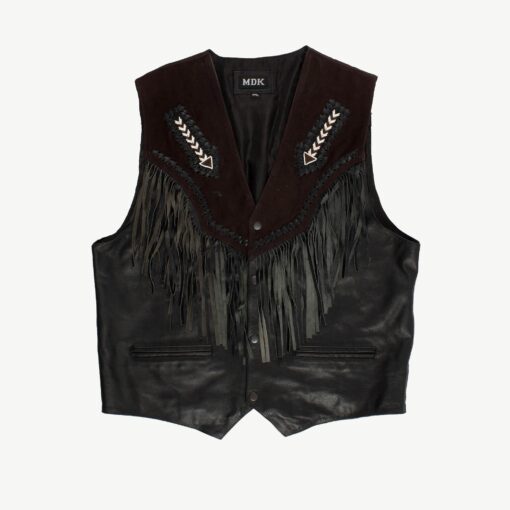 Fringed leather waistcoat, mens brown black western beaded cowboy vest- XL