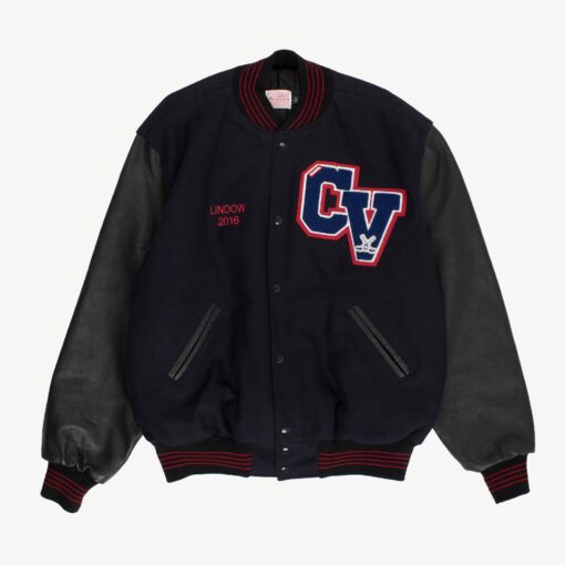 Mens American USA varsity jacket, letterman stadium bomber jacket, navy blue black red - Large