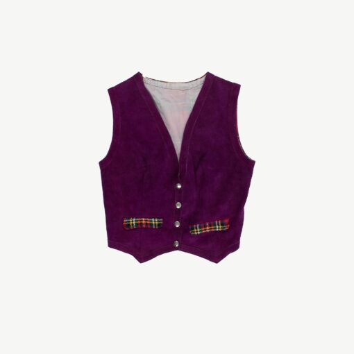 60s purple suede vest with red plaid detail, snap button original 1960s vintage - XS / Small