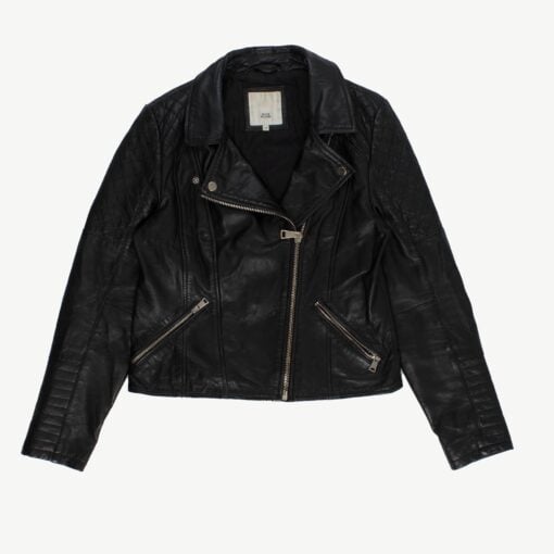 Black real leather jacket, fitted biker retro style jacket by River Island - Small / Medium