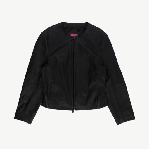 Y2K cropped leather jacket in black, zip up collarless vintage jacket - Medium