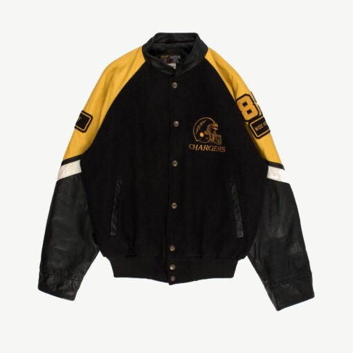 Mens Chargers varsity jacket yellow black wide receiver vintage letterman jacket, made in Canada, wool and leather - Small