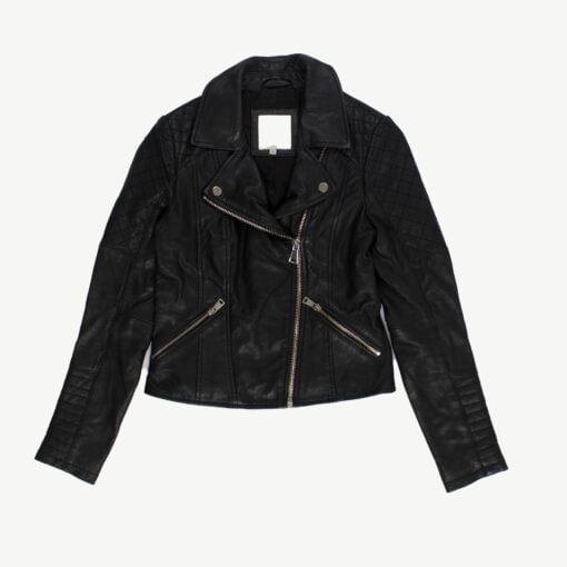 Black real leather jacket, zip up racer biker fitted retro style jacket by River Island - XS / Small