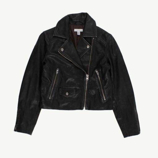 Black cropped real leather jacket, zip up womens Y2K vintage Topshop jacket - Small