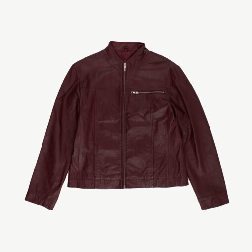 Dark red real leather jacket, café racer biker style zip up - Medium