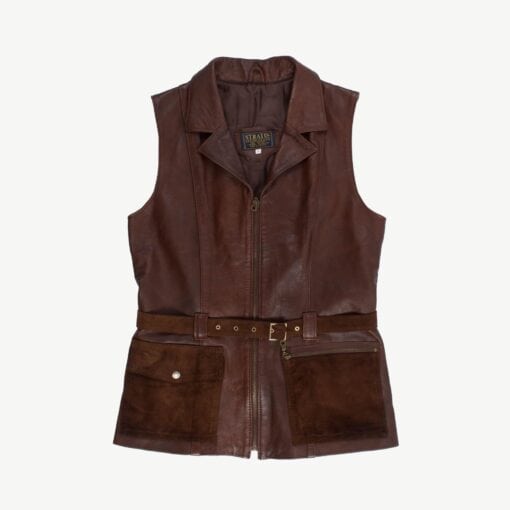 Chocolate brown real leather vest with belt - M