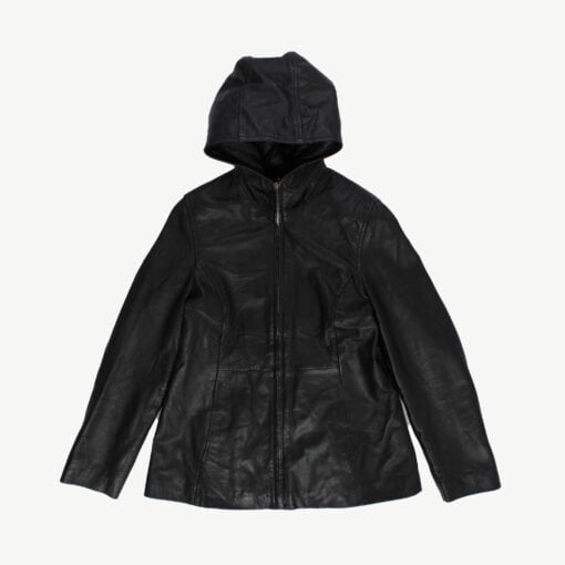 Soft black hooded leather jacket with zip - M