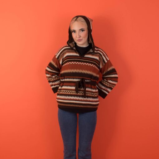 Vintage 70s St Michael hooded jumper in orange, brown and beige stripes, womens autumnal sweater with waist tie - Small / Medium