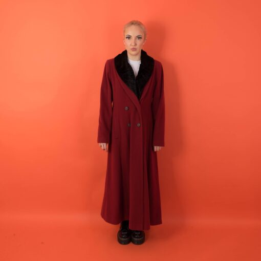 Vintage red wool coat with black velvet collar, 80s womens long lined coat - Small